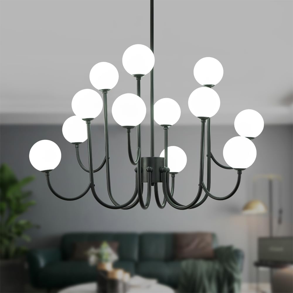 Moderno candelabro negro de mediados de siglo con 12 luces con globo de cristal, lámpara colgante de techo de metal Sputnik grande para sala de