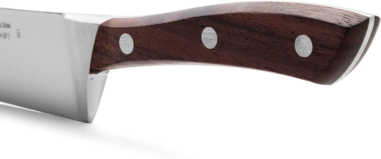 ARCOS Cuchillo de chef forjado de 6 pulgadas. Hoja de acero inoxidable nitrum 6.299 in. Mango ergonómico de polioximetileno. Mango marrón