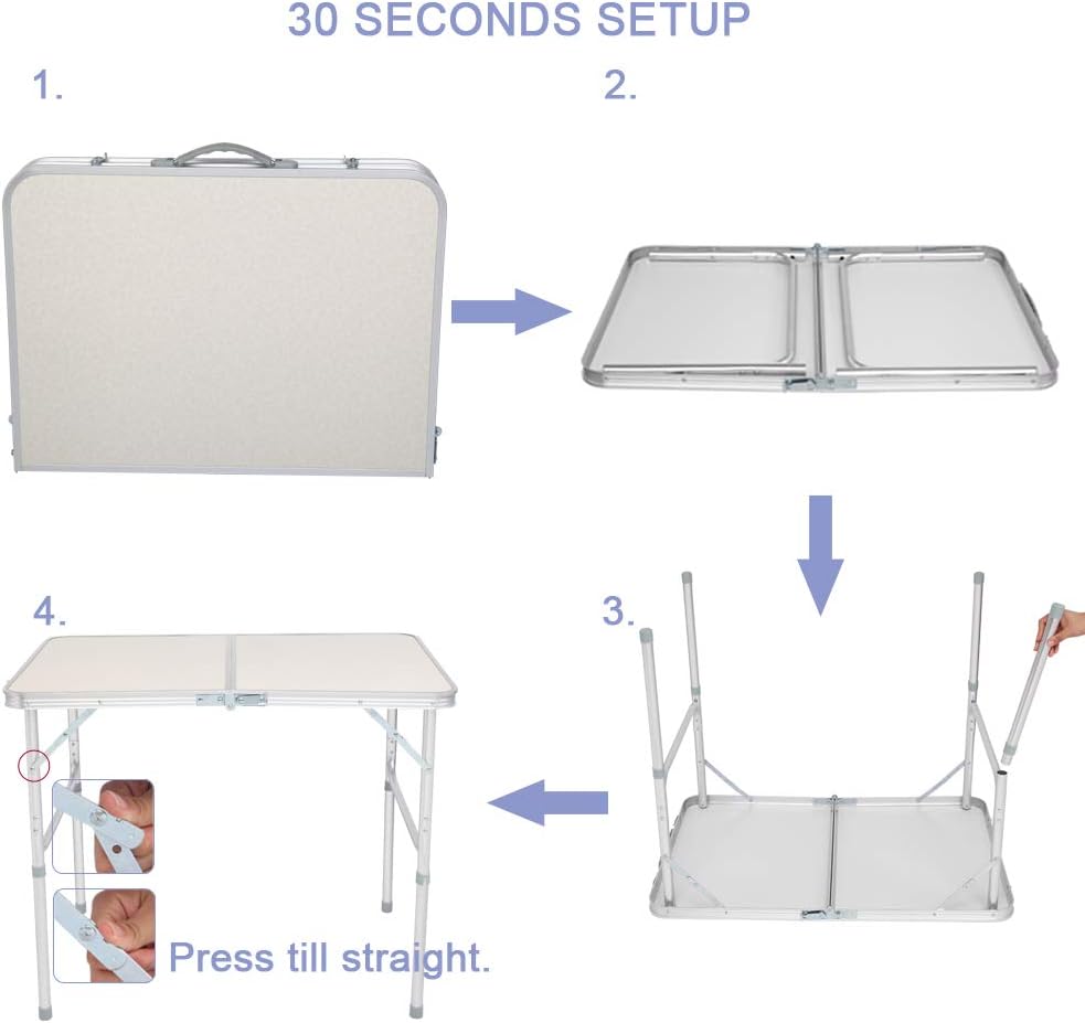 Imseigo Mesa plegable de campamento de 3 pies con asa de transporte, altura ajustable, mesa de picnic portátil de aluminio para exteriores,