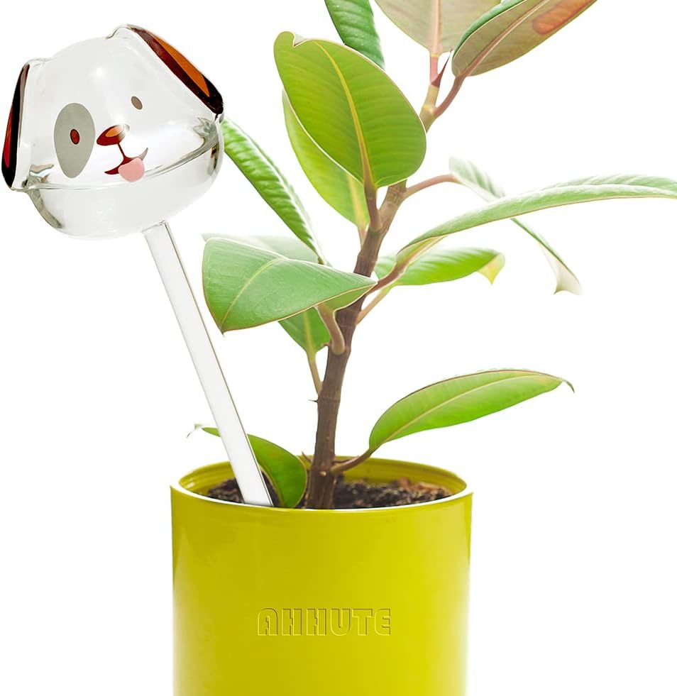 Ahhute Globo de riego de vidrio con picos de autorriego, dispositivos de bombillas de riego para plantas, con forma de perro para plantas de