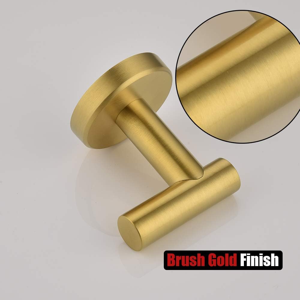 JQK Gancho para toallas de baño, color oro cepillado, gancho de latón para ropa para baño, cocina, garaje, montaje en pared (paquete de 4), acero