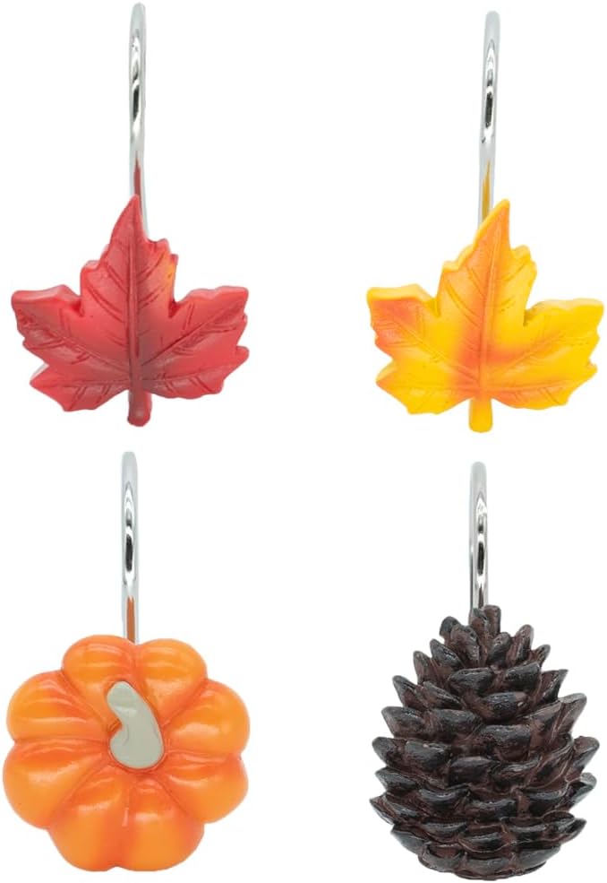 Ganchos para cortina de ducha de otoño y otoño, accesorios de decoración de baño, metal a prueba de óxido, hojas de arce, calabazas, piñas, hojas de