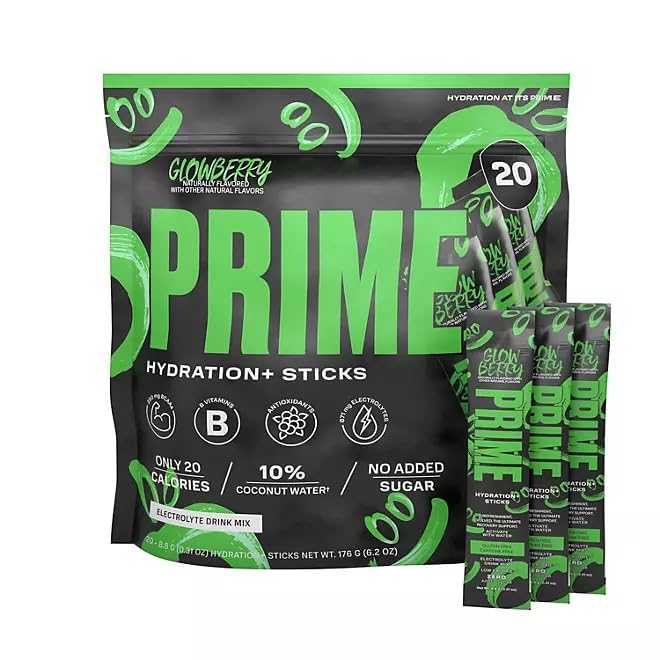 Prime Hydration + Palitos de mezcla de electrolitos en polvo Glowberry – (paquete de 20), 6.20 onzas (paquete de 1)