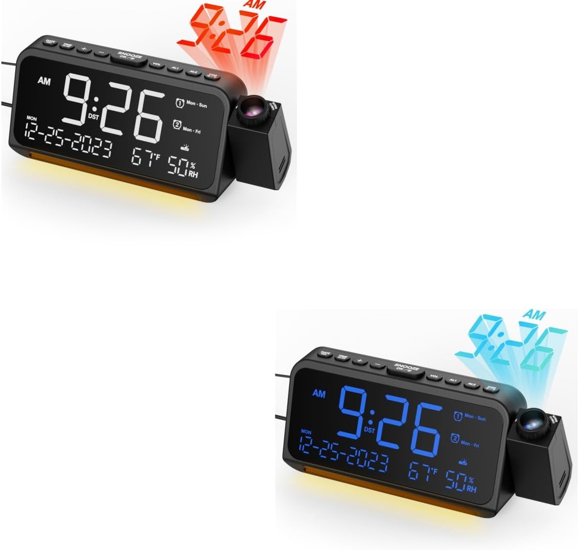 Reloj despertador de proyección con luz nocturna, fecha, temperatura, pantalla de humedad, proyector de reloj digital en la pared del techo con