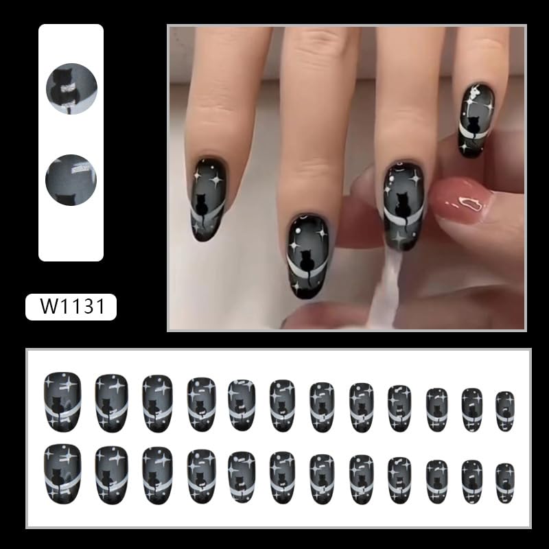 Uñas postizas a presión con diseño de Halloween, uñas postizas ovaladas cortas con diseño de estrella de gato negro, cobertura completa, Y2K, uñas