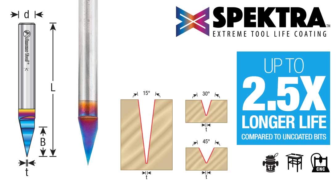 Amana Tool 45773-K Spektra Extreme Tool Life Coated 30 Grados Grabado 0.020 Punta Ancho x 14 SHK x 2-14 Pulgadas Largo Señalización Router Bit