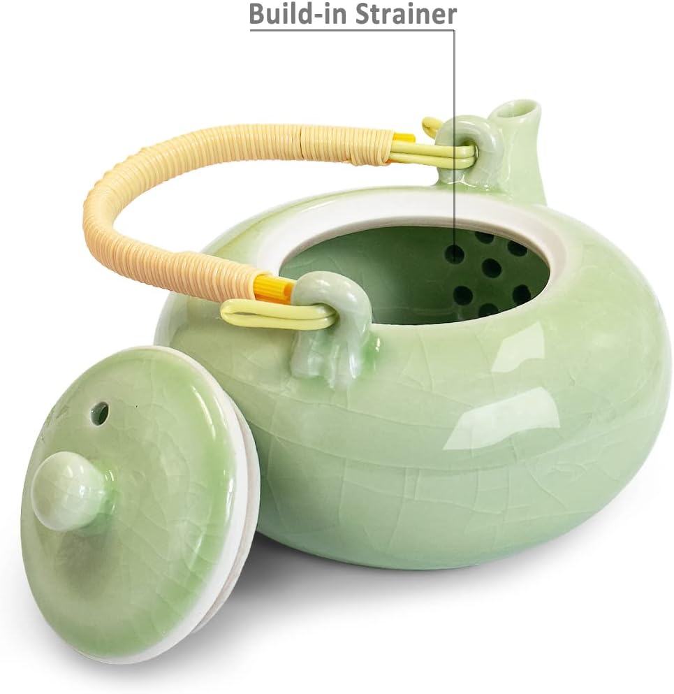 Dahlia Ice Crack Celadon Juego de té de porcelana tetera con infusor incorporado+6 tazas de té en caja de regalo verde