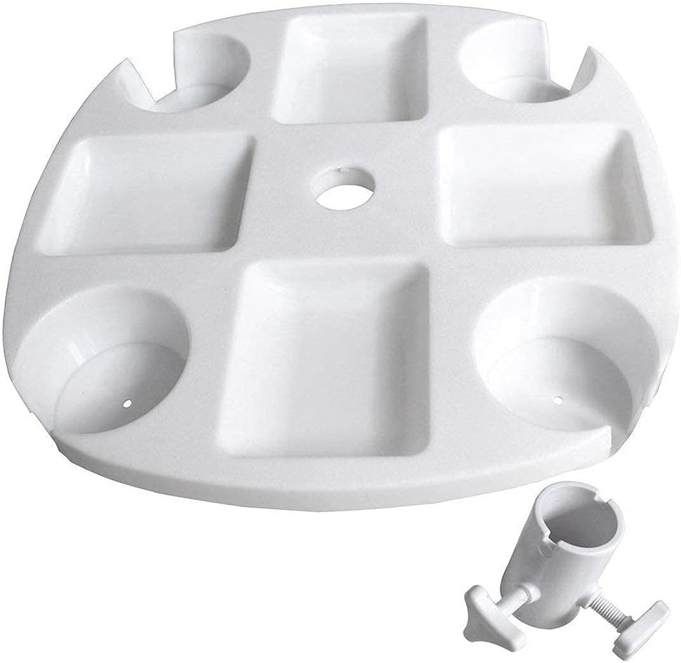 HEEPDD Mesa de sombrilla de playa para exteriores, sombrillas de plástico y sombrillas, bandeja redonda para aperitivos con 4 portavasos y 4