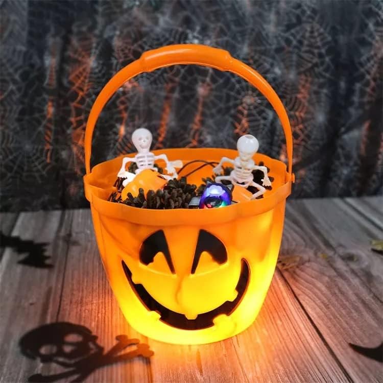 The Electric Mammoth Cubo de calabaza de Halloween con 3 ajustes intermitentes, soporte grande para bolsa de dulces para niños, luces brillantes y