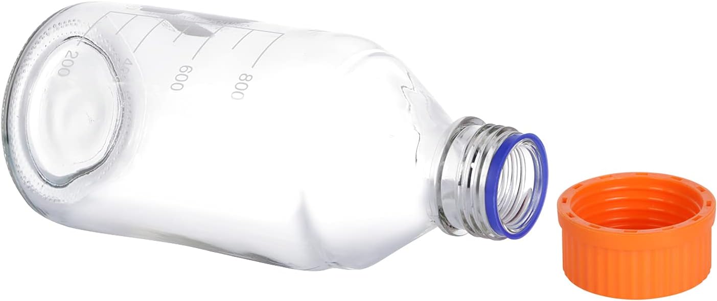 4 piezas 33.8 fl oz graduado redondo reactivo mediosbotella de vidrio de almacenamiento con GL45 naranja polipropileno tapón de rosca