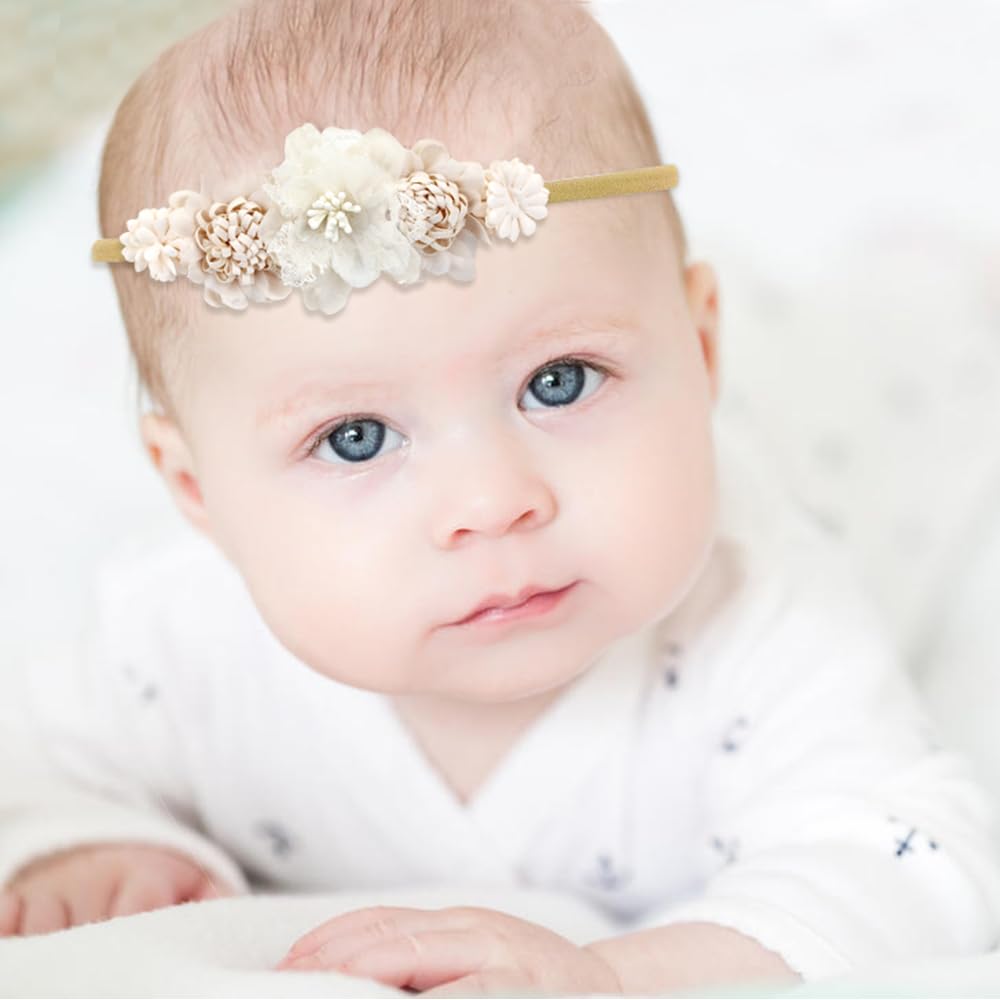 Cinaci 5 diademas de nailon súper elásticas y suaves con flores, para bautizo, tiaras florales, coronas, accesorios para el cabello para recién
