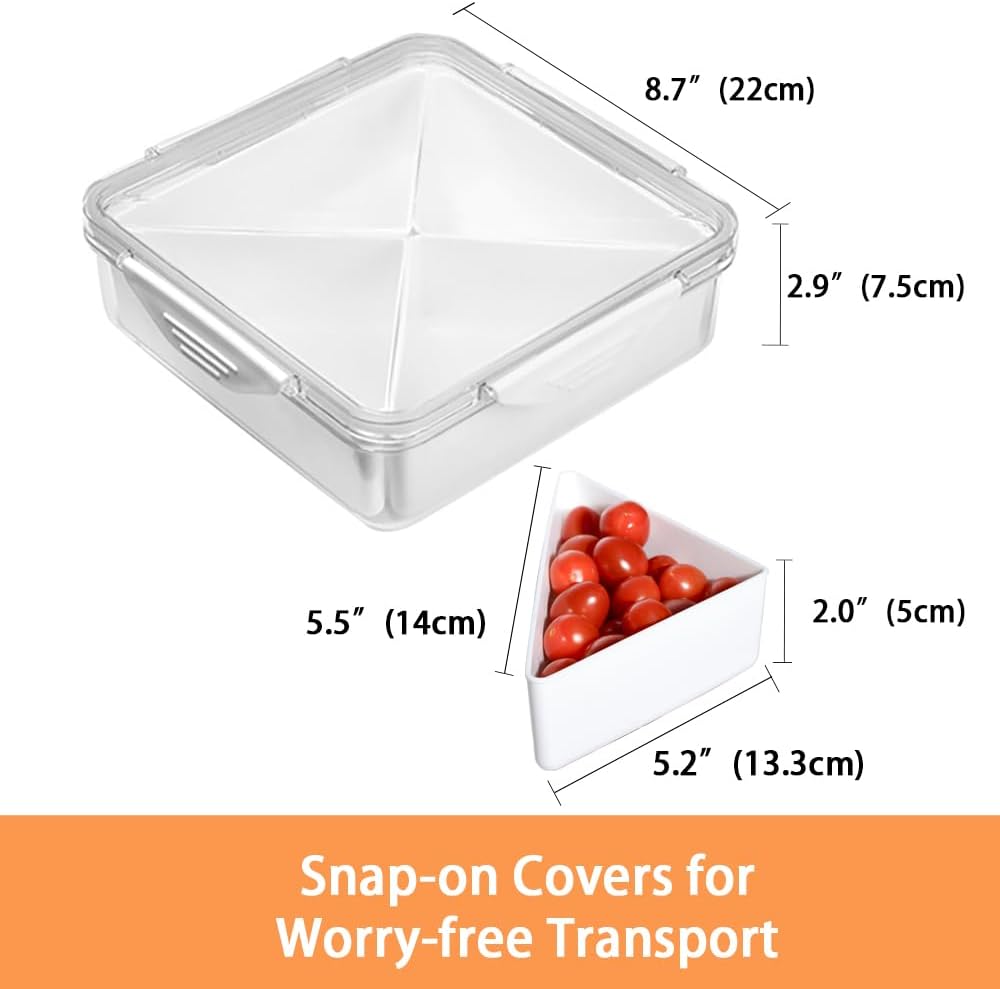 Paquete de 2 bandejas de verduras con tapa para organizador de refrigerador, contenedor dividido para aperitivos con 4 compartimentos para servir