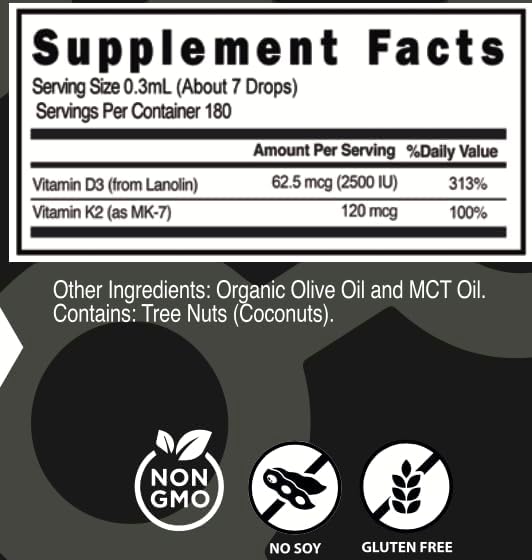LOOKINGVIBRANT Vitamina D3 + K2 (MK-7) Gotas líquidas con aceite MCT y aceite de oliva, vegetariano, sin OMG, sin soja, sin gluten, sin alcohol, 1