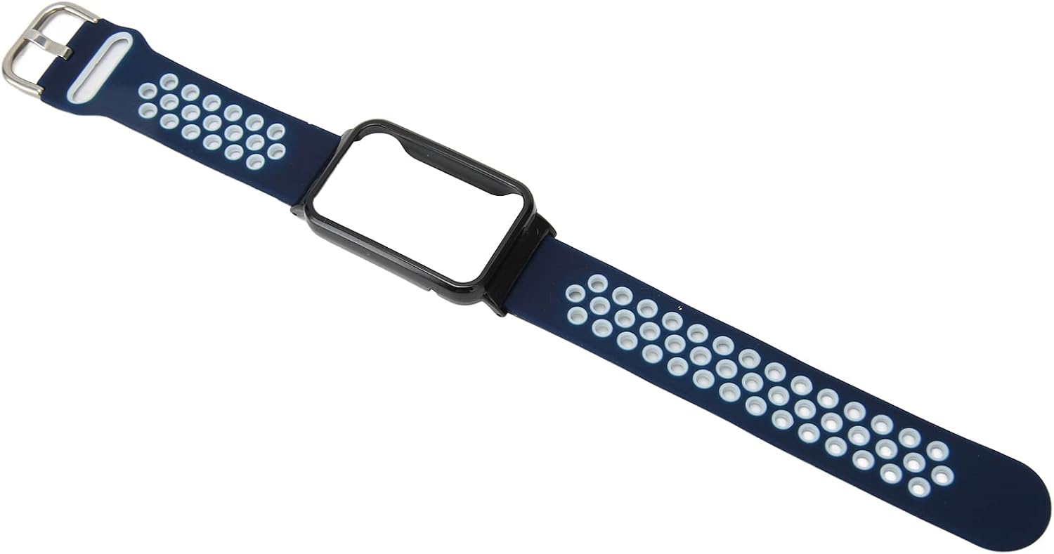 HURRISE Correa de reloj de silicona transpirable para reloj, funda protectora para Mi Band 7 Pro (azul oscuro, blanco y negro)