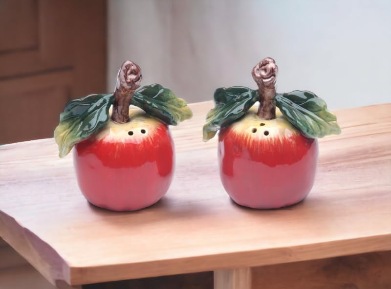 10230 Salero y pimentero de manzana roja de cerámica fina, 3 pulgadas de alto