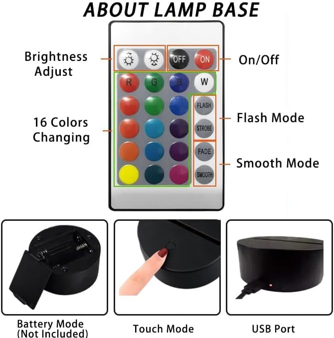 Luz nocturna de béisbol con ilusión 3D para niños, 7 colores cambiantes USB alimentada con interruptor táctil o control remoto, juguetes regalos de