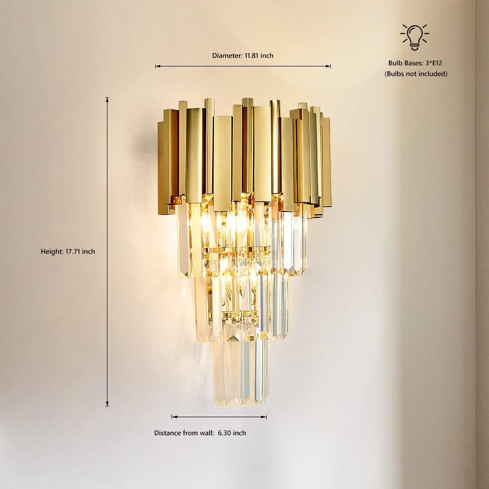 Modernas luces de pared de cristal dorado, W12 H18, 3 luces, apliques de iluminación, lámparas de pared para sala de estar, dormitorio