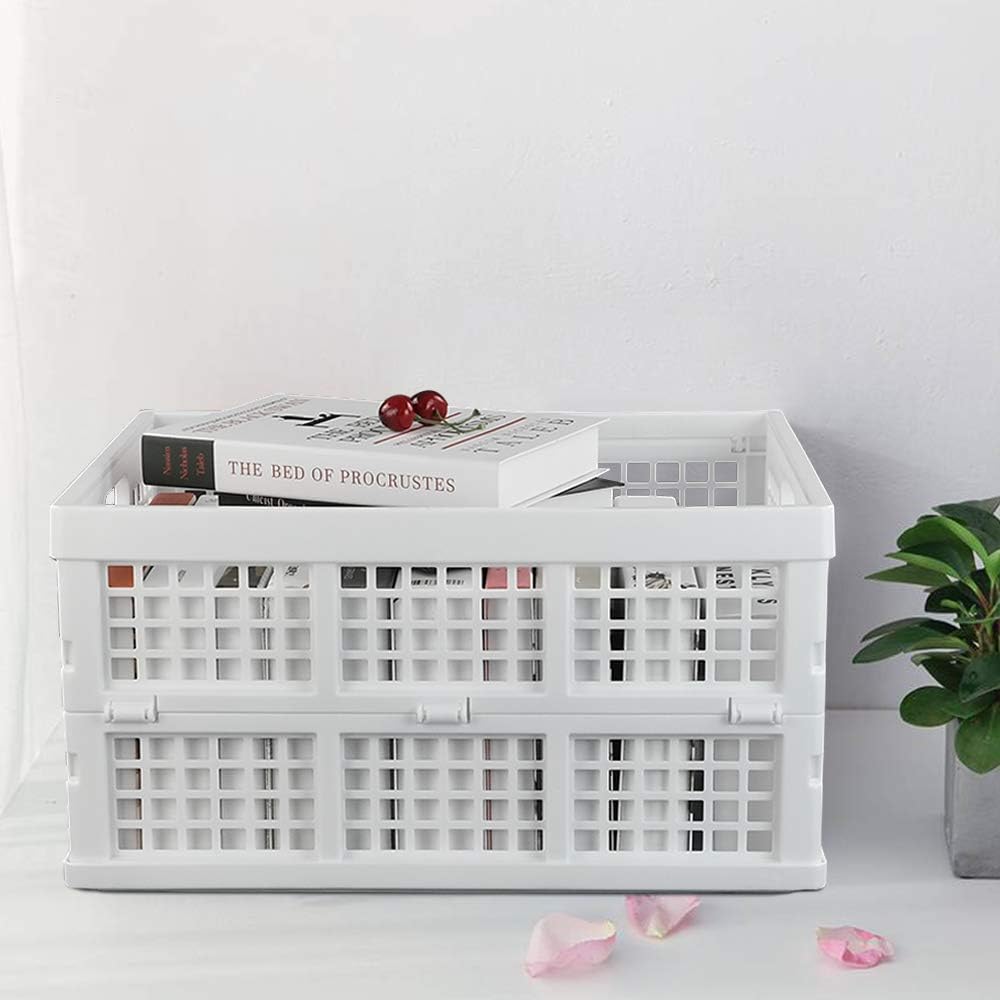 Asking Paquete de 3 cajas plegables apilables de plástico de 30 L, caja de almacenamiento plegable, color blanco