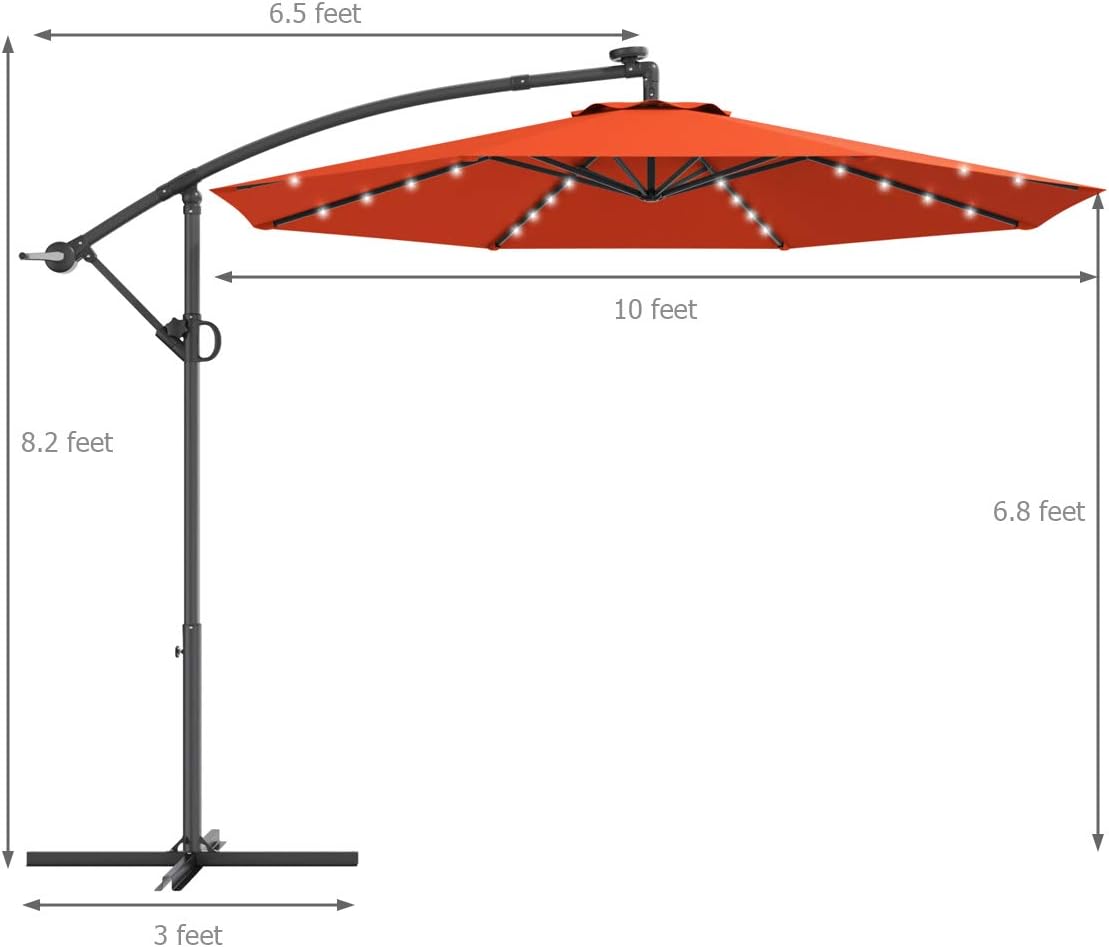 Tangkula Paraguas de patio de 10 pies con rotación de 360 grados, paraguas LED alimentado por energía solar con manivela y base cruzada, paraguas de