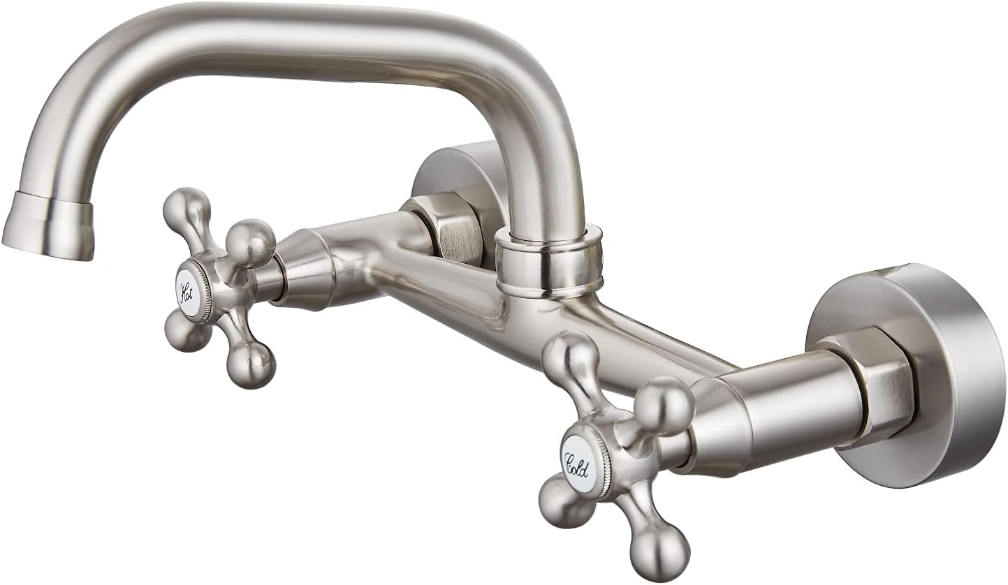 Airuida Grifo de fregadero de cocina de montaje en pared para pico de 6 pulgadas (5.9 in), centro ajustable, centro ajustable, asas cruzadas, agua