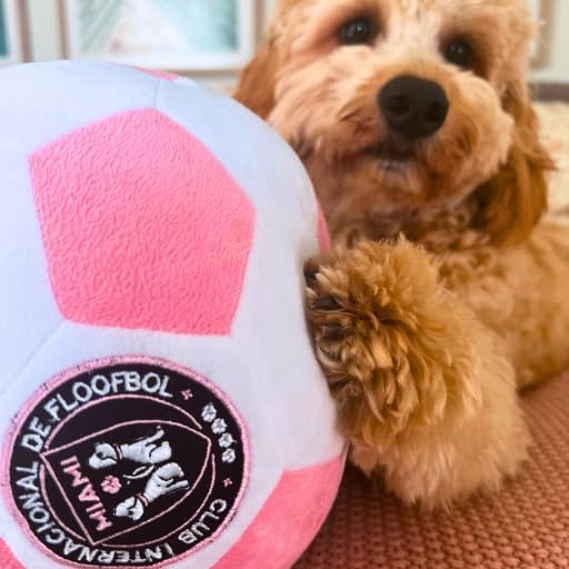 Floofbol Miami – Pelota de fútbol de felpa para perros, juguete de felpa para razas pequeñas, medianas y grandes, juguete de felpa chirriante para