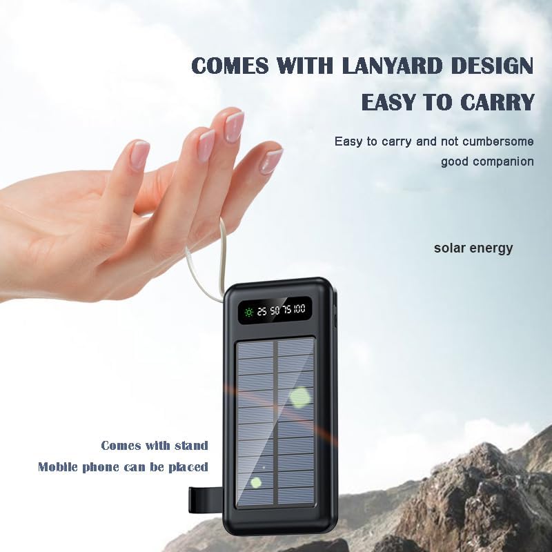 Banco de energía solar de 20000 mAh, con cable de carga 4 en 1, panel solar de carga rápida y carga USB, linterna súper brillante incorporada