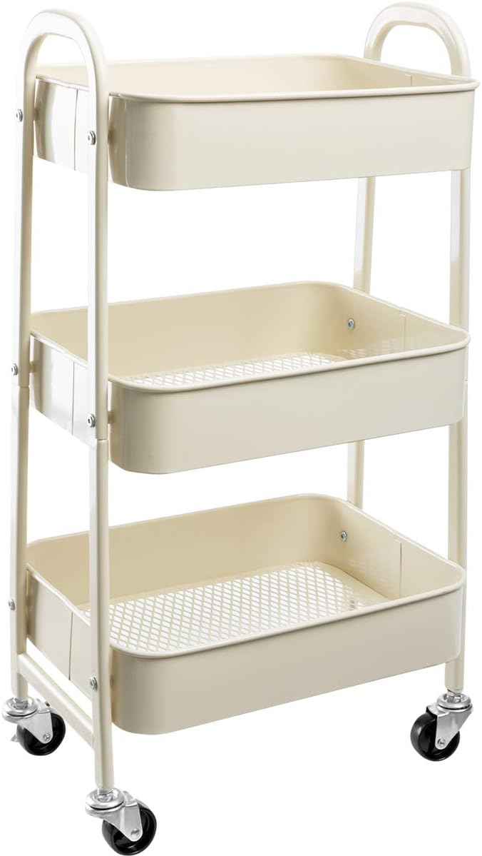 AGTEK Carrito de maquillaje, Carrito organizador móvil rodante,Carrito utilitario de metal de 3 niveles, Beige