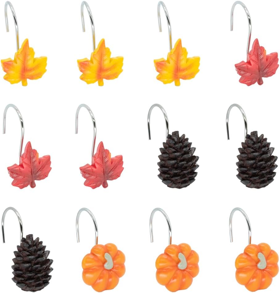 Ganchos para cortina de ducha de otoño y otoño, accesorios de decoración de baño, metal a prueba de óxido, hojas de arce, calabazas, piñas, hojas de