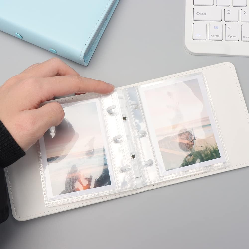 Mini álbum de fotos, soporte para tarjetas de fotos blancas, tarjetas fotográficas Kpop de piel sintética de 3 anillos, álbum de películas de fotos