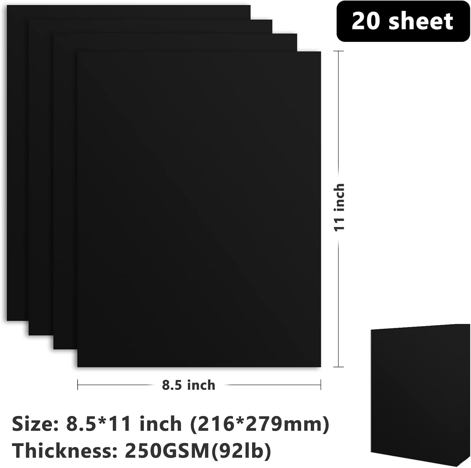 Cartulina negra de 8.5 x 0.40 ozm, papel de construcción negro, 20 hojas de papel grueso en blanco negro para invitaciones, proyectos de arte de