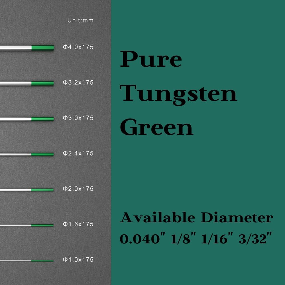 Electrodos de tungsteno para soldadura TIG, tungsteno puro, 332 x 7 pulgadas (verde, EWP), paquete de 10 unidades