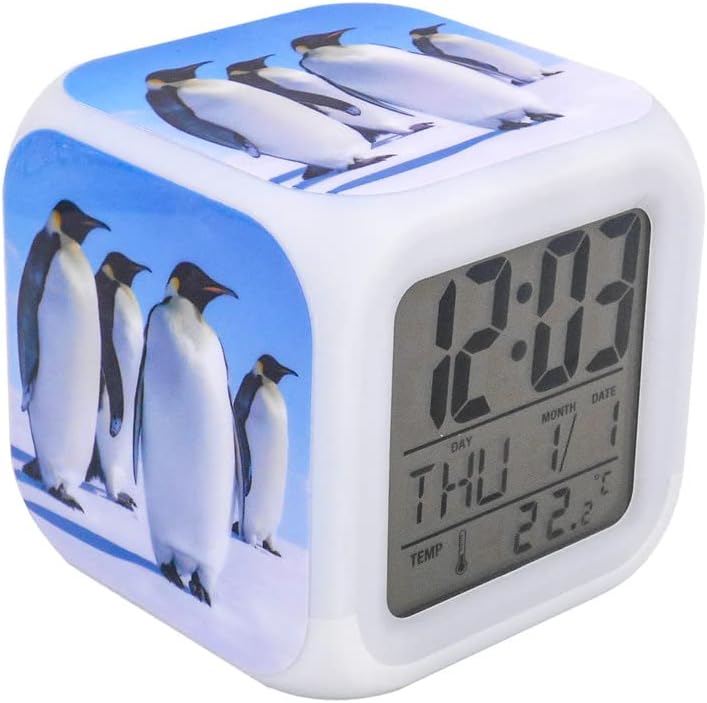 Bocaihua – Reloj despertador digital con luces LED, diseño de pájaros, pingüino, azul, para niños, adolescentes, adultos, hogar, oficina, decoración