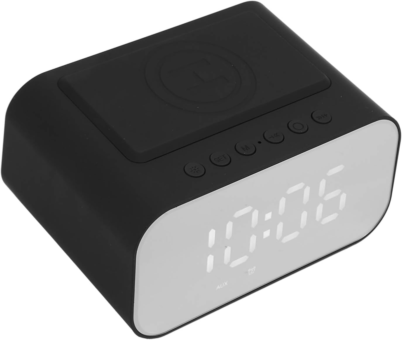 Altavoz Bluetooth con reloj despertador, cargador inalámbrico de 15 W de carga rápida, radio FM, temporizador de sueño, 3 niveles de brillo