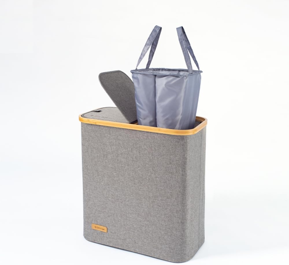 Elf’s Cube Cesta de lavandería doble gris con tapa, cesta de lavandería plegable, cesta de lavandería extraíble para dormitorio, baño, cuarto de