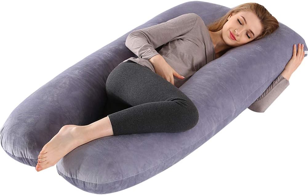 Almohada de embarazo, almohada de cuerpo completo en forma de U con funda extraíble de terciopelo, almohada de cama múltiple de 51 pulgadas,