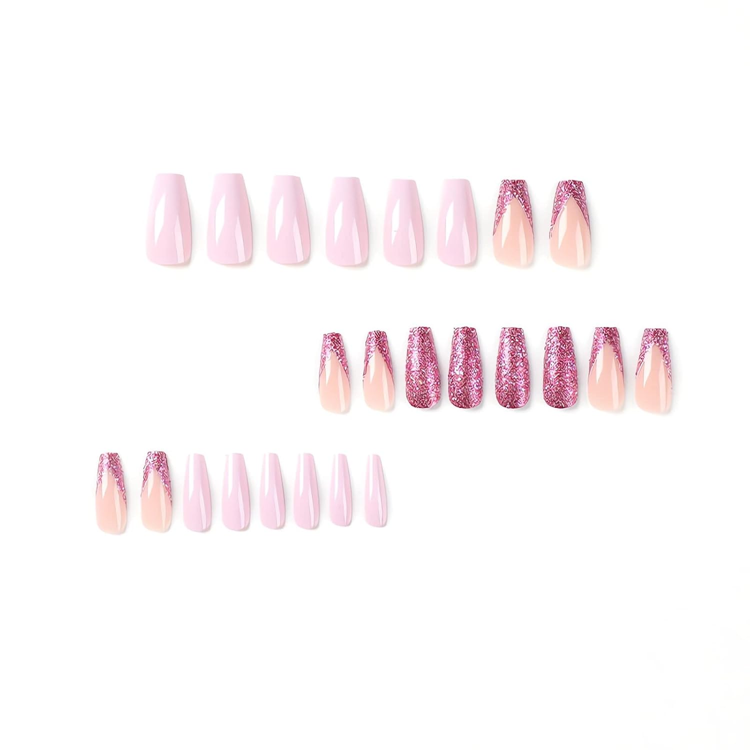 IMSOHOT Uñas postizas largas a presión, estilo ataúd, francesas, con purpurina, uñas postizas brillantes de cobertura completa, uñas acrílicas