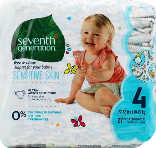 Seventh Generation Pañales de bebé para piel sensible, estampado de animales, talla 4, 27 unidades