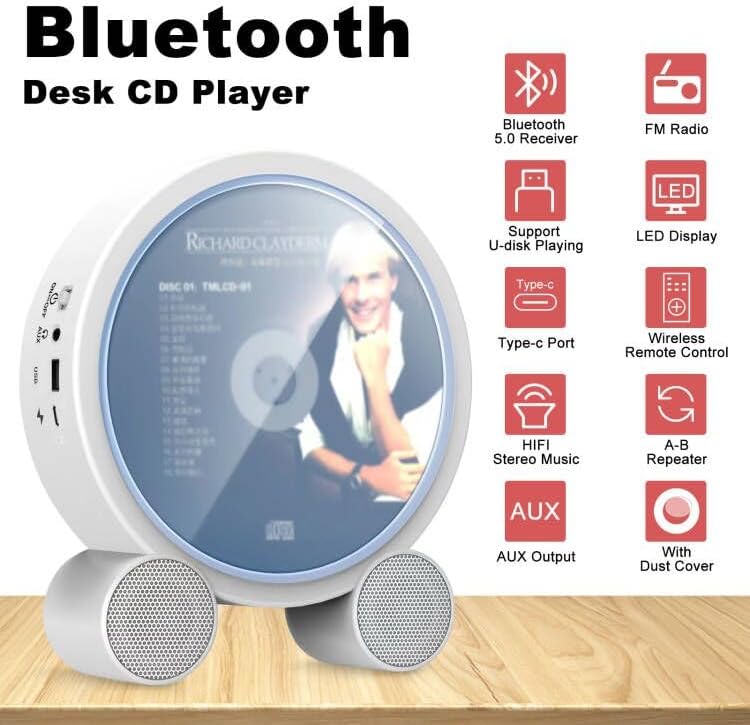 WOKALON Reproductor de CD portátil con Bluetooth, reproductores de CD verticales de escritorio para el hogar con pantalla LCD, altavoces HiFi