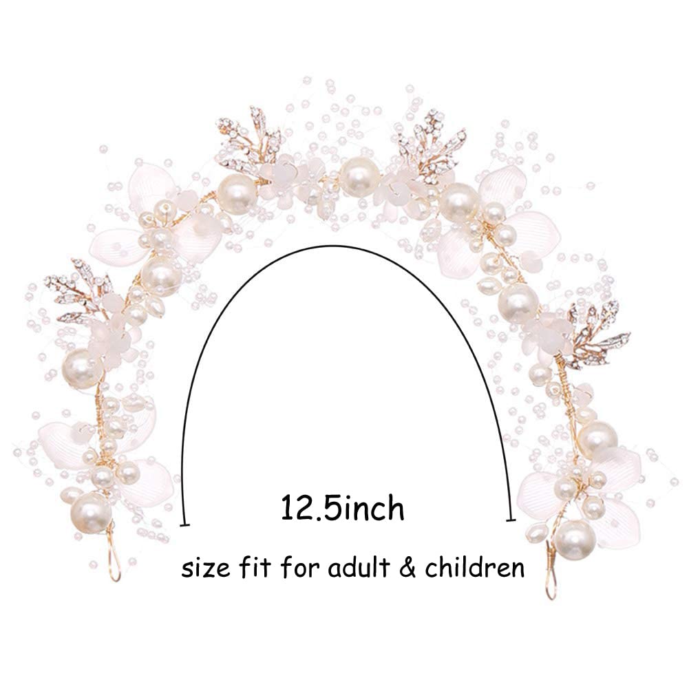 PRDGIRL Diadema de boda para niñas de flores, cuentas de cristal de perlas de diamantes de imitación, accesorios para el cabello de vid dorada para