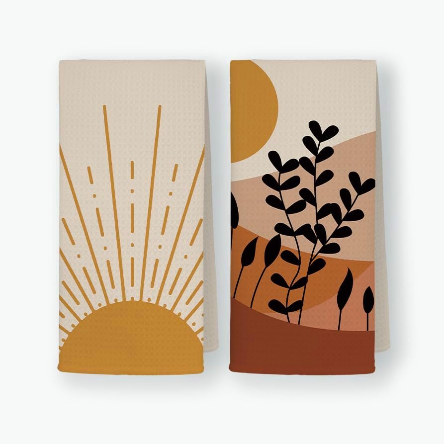 Abstract Sun Sunshine Mountain Botanical Plant – Toallas de cocina suaves de 16 x 24 pulgadas, juego de 2 paños de secado modernos de mediados de