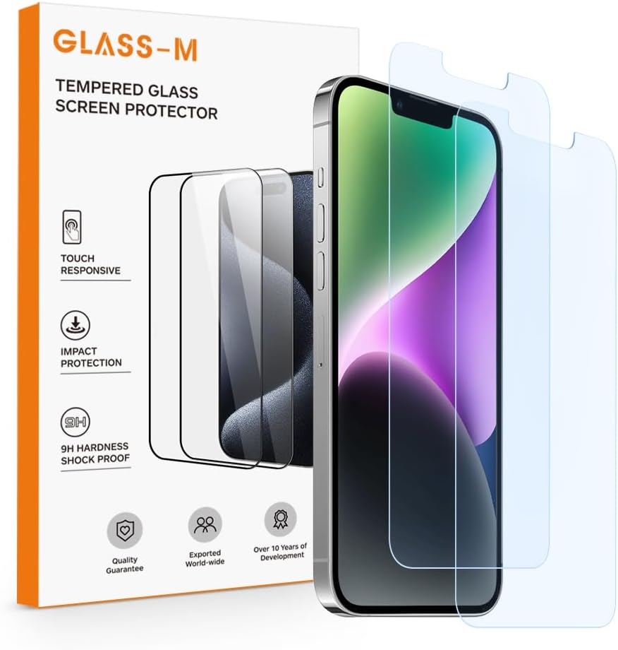 GLASS-M Paquete de 2 protectores de pantalla anti-luz azul para iPhone 141313 Pro (6.1 pulgadas), película protectora de vidrio templado 9H con
