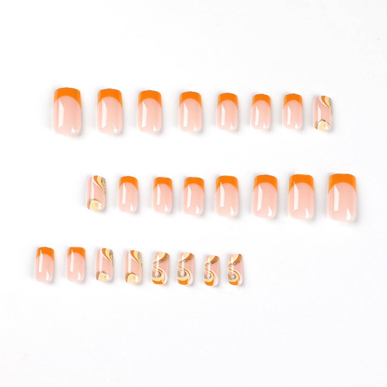 Uñas postizas cuadradas de otoño, uñas cortas a presión, uñas postizas amarillas con diseño de curva dorada brillante, uñas postizas artificiales