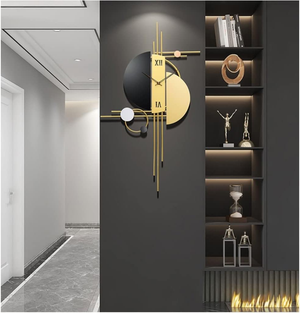 Reloj de pared – Reloj de pared decorativo para decoración de sala de estar, metal negro y dorado, moderno, grande, silencioso, funciona con pilas,
