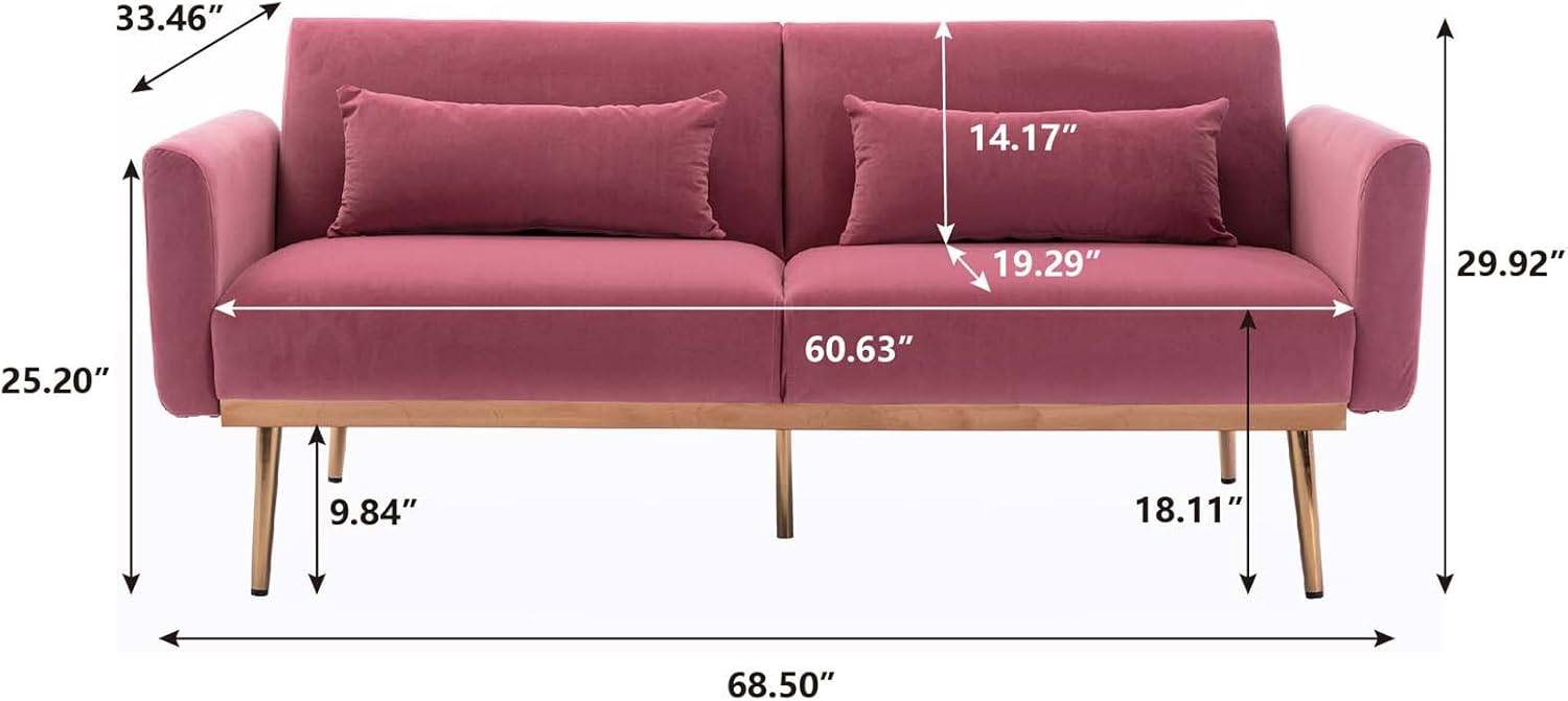 TMEOSK Sofá cama tipo futón convertible de terciopelo de 68 pulgadas con 2 almohadas, moderno sofá biplaza plegable, sofá reclinable para sala de