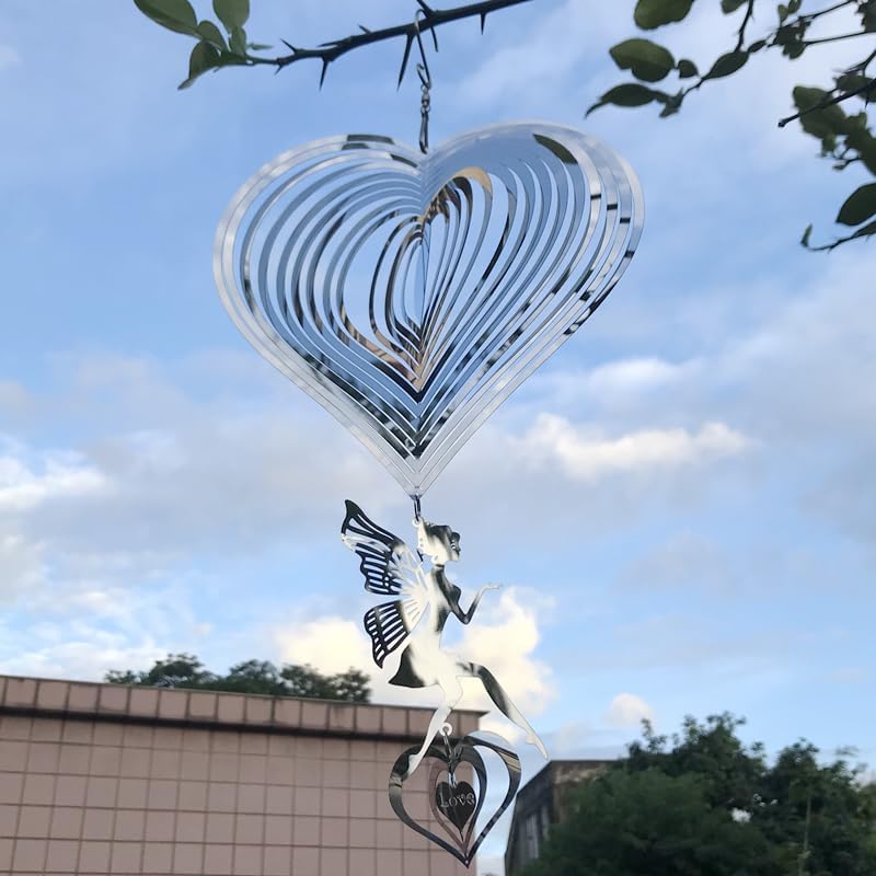 HZSprance Molinillo de viento de acero inoxidable, diseño de corazón de amor en 3D, impresionante efecto 3D, decoración de ángel colgante para