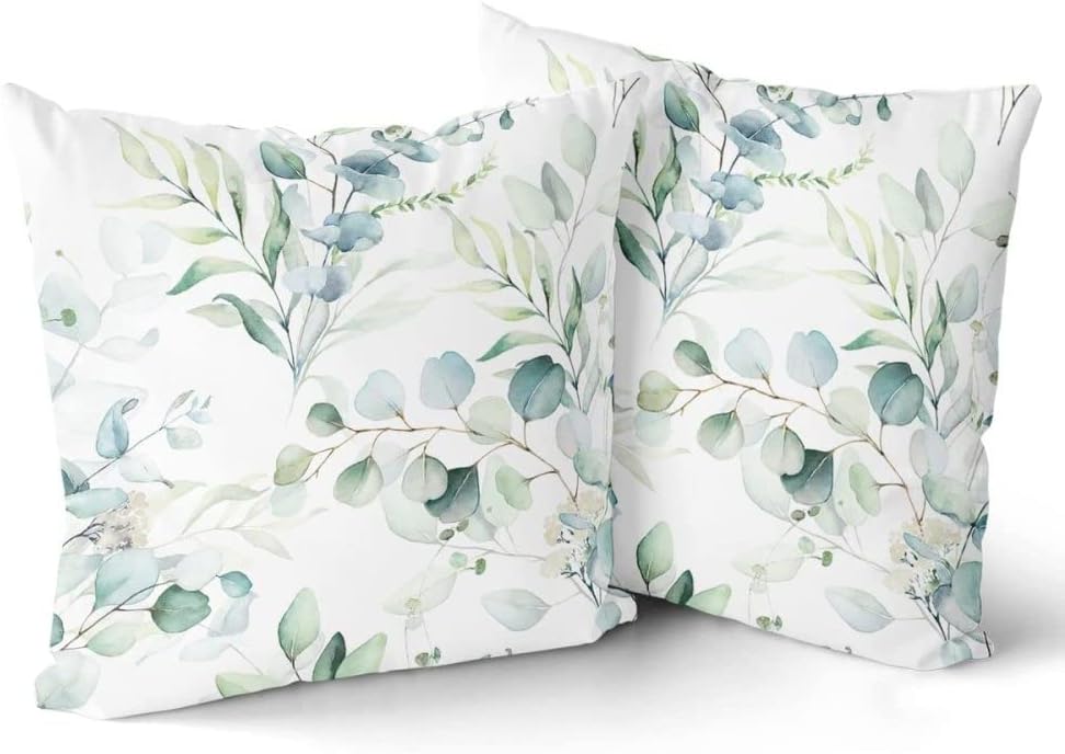 Juego de 2 fundas de almohada de hojas verdes salvia primaveral de 16 x 16 pulgadas, fundas de cojín de acuarela floral de eucalipto, estampado de