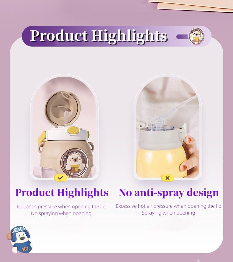 Botellas de agua de 37.2 fl oz con popote y correa, bonitas botellas de agua de plástico de dibujos animados, a prueba de fugas, para niñas,
