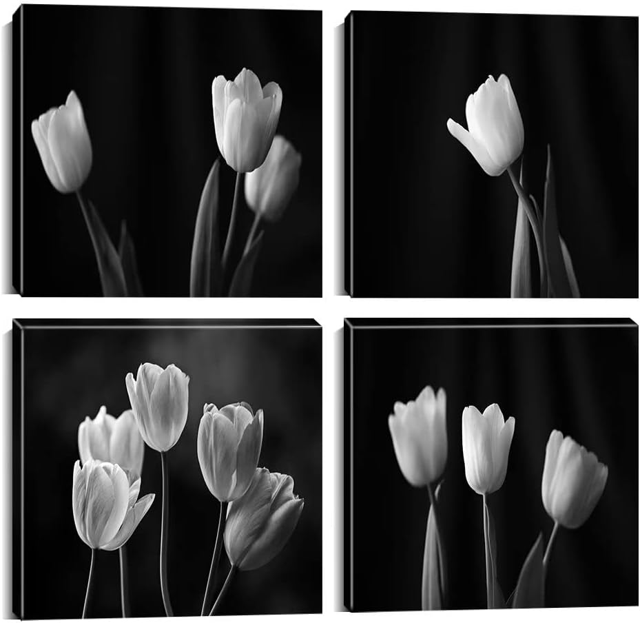 Wall HDQ Decoración de pared en lienzo blanco y negro con tulipanes, arte de pared con flores, sala de estar, dormitorio, baño, decoración del