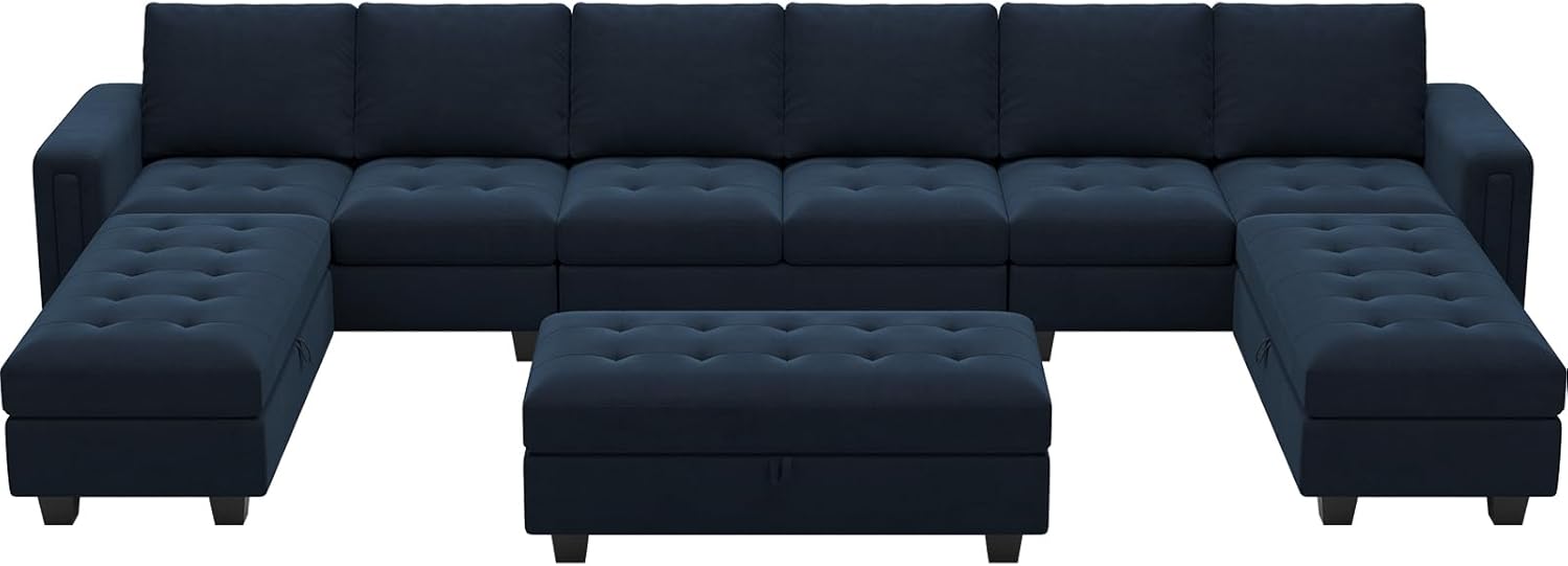 Belffin Juego de sofá modular en forma de U de gran tamaño con tumbona ancha reversible de terciopelo con almacenamiento de esquina otomana modular