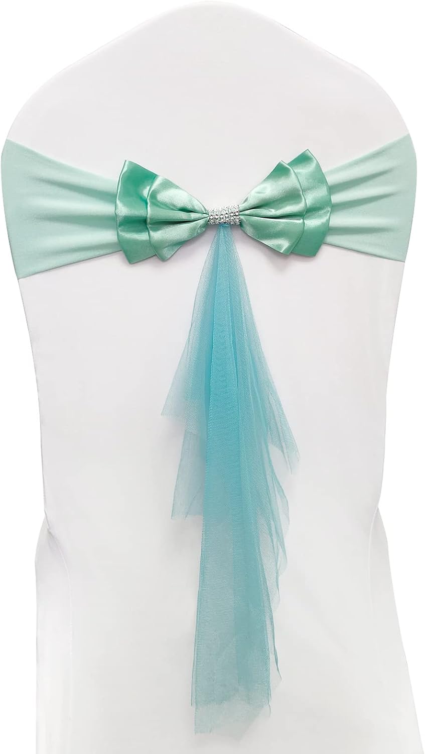 Bandas elásticas de elastano para decoración de sillas, bodas, fiestas, recepciones, banquetes, bandas elásticas con lazos dobles, organza flotante,